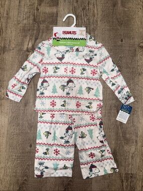 Peanuts Kids Snoopy & Woodstock Holiday Pajama Set - White with Red & Green